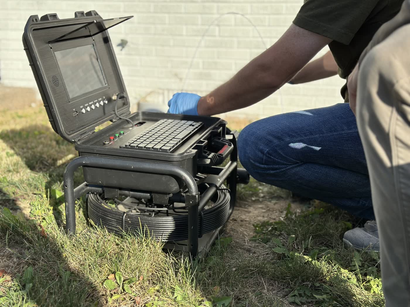Sewer scope monitor and control panel during a live inspection.